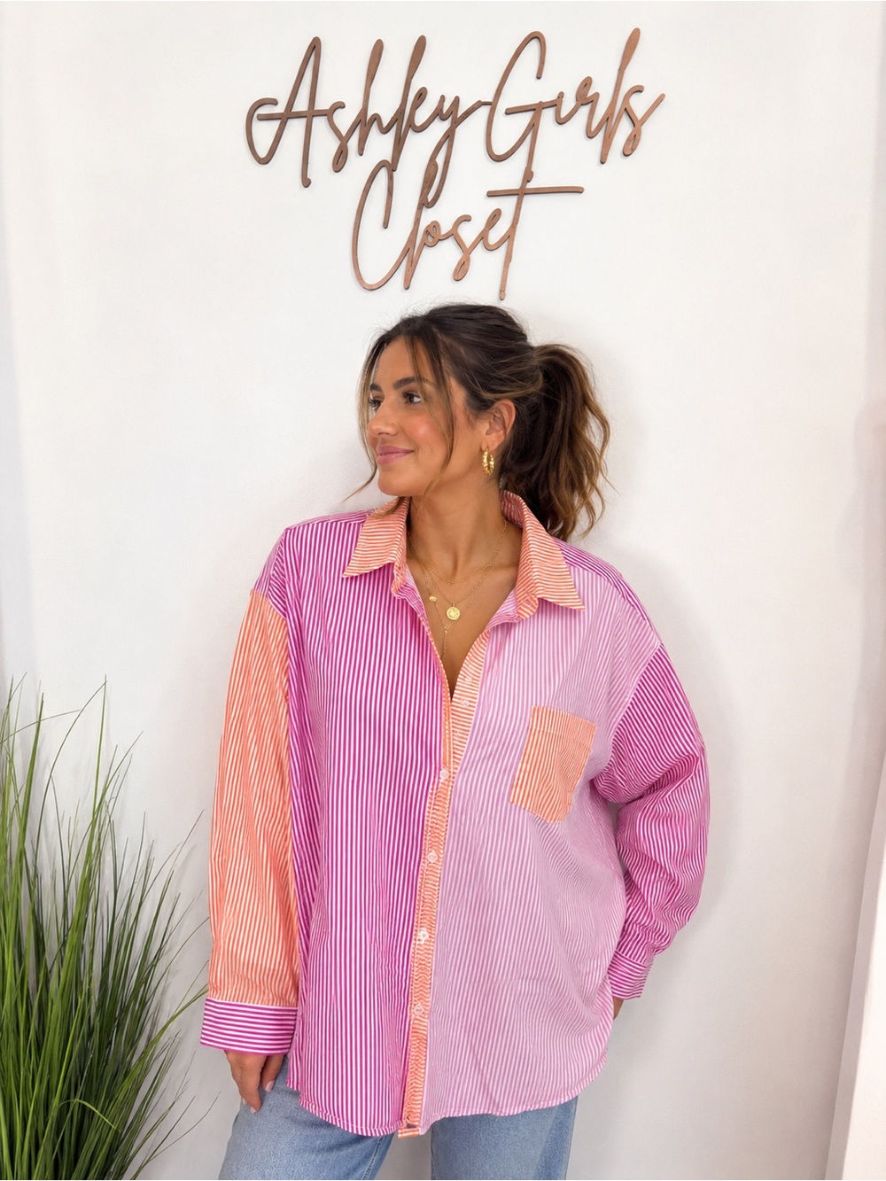 Solid & Striped Oversized Colorblock Stripe Button Down Shirt Pink Orange
